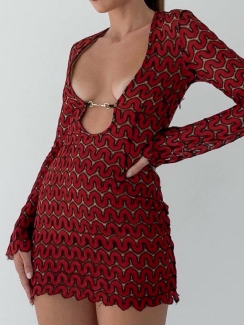 Rumored Red Long-Sleeve Plunge Mini Dress